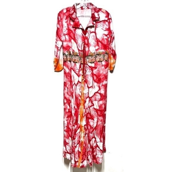 Tie Dye Water Color Embroidered Waist Maxi Dress in Red, Orange and White L - Picture 2 of 13
